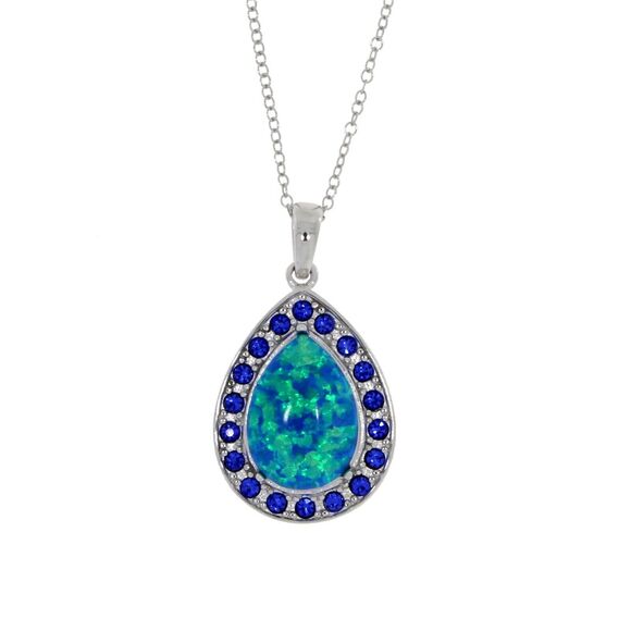 Created Opal & Blue Sapphire Pendant Necklace 925 Sterling Silver 18 inch - Picture 3 of 7